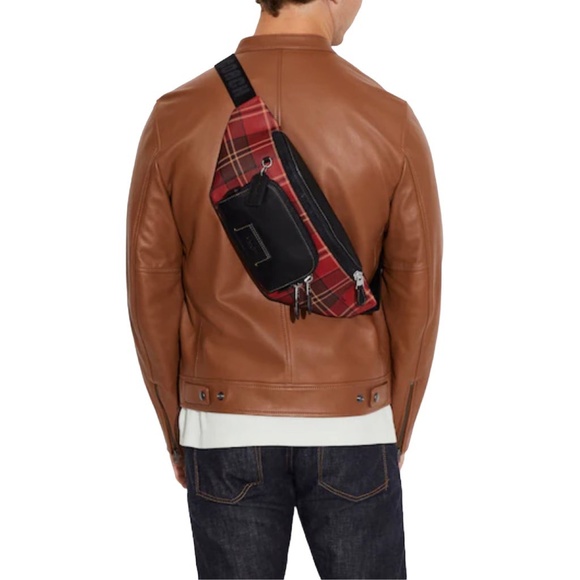 COACH men's Track Belt Bag With Tartan Plaid Print red/black multi - Picture 1 of 10